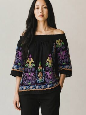 Beautiful Embroidered Boho Off-Shoulder Peasant Top 100% Cotton | Size S